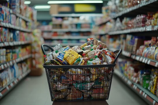 The basket is full of goods. A bunch of products in the basket. Overflowing.
