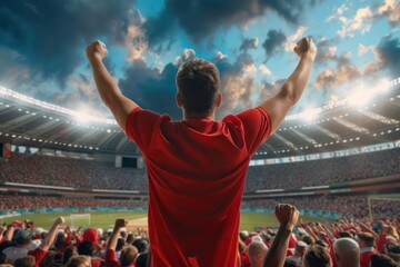 Vibrant soccer match scene from behind. Red-clad fan celebrates team goal in a packed stadium surrounded by enthusiastic crowd waving flags on a cloudy day.