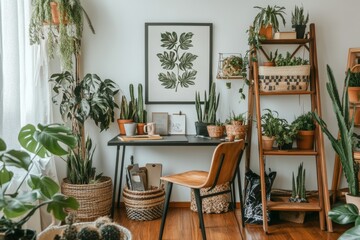 White boho home office interior with a brown chair and plants. Real image