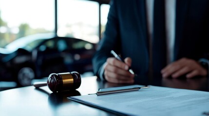 Close-up of a lawyer signing documents with a gavel on the table.