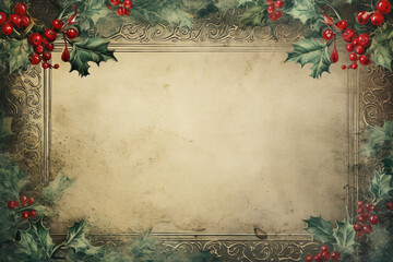 Vintage paper card with holly border, floral and fir tree illustrations, grunge texture design for Christmas holiday,Generated By Ai