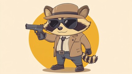 A cartoon raccoon wearing a fedora, sunglasses, and a jacket holding a gun.