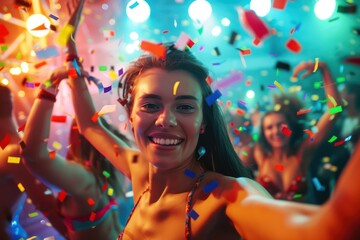Obraz premium Joyful party scene at nightclub dance floor. Young woman in bikini dances with friends amidst colorful confetti and vibrant lights. Camera captures moment of celebration and fun.