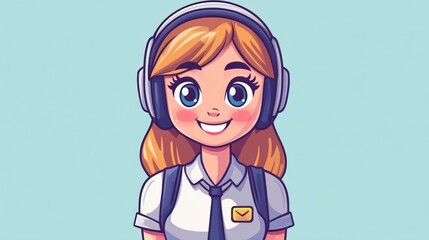 A cheerful cartoon girl wearing headphones with a backpack and a school uniform.