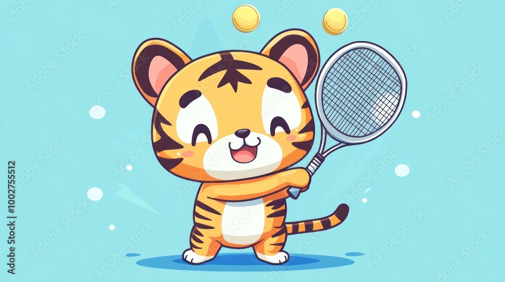 Wall mural a cute cartoon tiger holds a tennis racket and smiles with two tennis balls above.