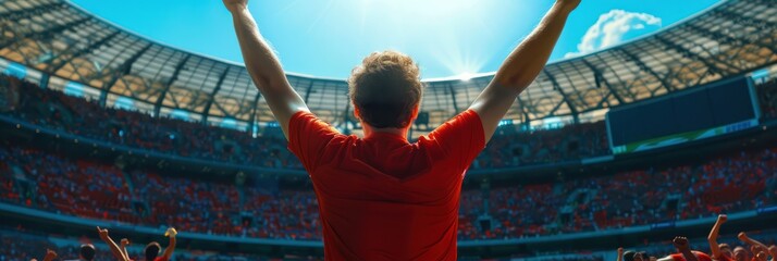 Vibrant stadium scene captures energetic fan celebrating a sports event. White man in red t-shirt raises arms amidst cheering crowd and unique architectural design.