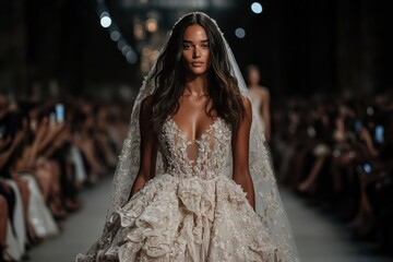 Naklejka premium A model gracefully walks the runway, wearing an exquisite and elaborately designed bridal gown, capturing the attention of a captivated audience in the venue.