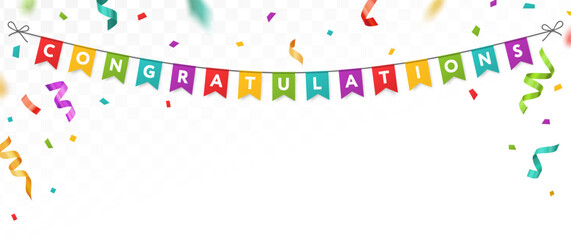 Congratulations card concept, typography design. Streamers, hanging paper flag garland. Realistic party banner, colorful confetti. Fun event celebration bunting mockup. Transparent background. Vector