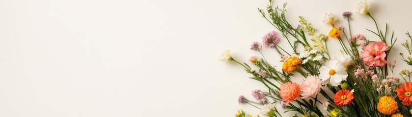 A vibrant bouquet of various flowers against a soft, neutral background.