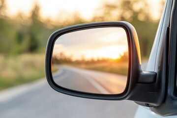 Car side mirror reflecting sunset on a winding road, serene and scenic view.