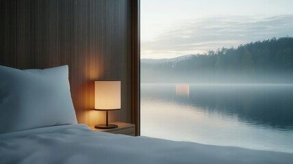 Cozy bedroom with a stunning lakeside view, featuring lamp and soft bedding, creating a serene atmosphere.