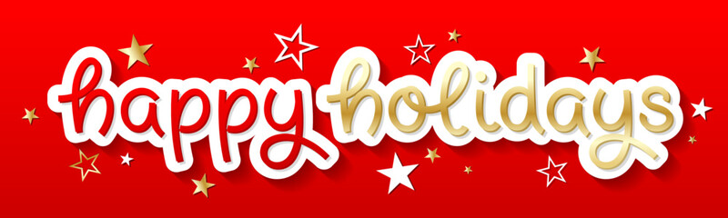 HAPPY HOLIDAYS black, gold and red vector typography banner with stars on red background