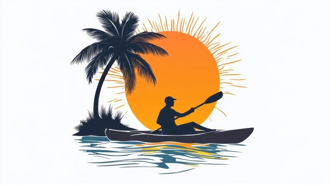 kayaker silhouette sunset palm tree beach scene