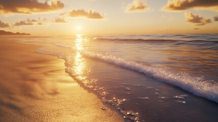 Golden beach at twilight, clear waves washing ashore