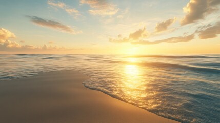 Golden sunset over a serene beach, crystal-clear water