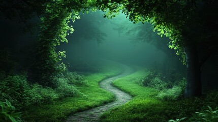 Obraz premium A path winding through a dense forest, where the trees whisper secrets and the air is filled with a sense of ancient magic.