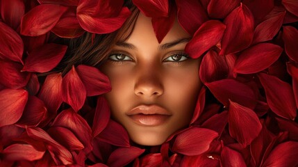 Closeup of a woman's face surrounded by red flower petals.