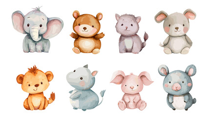 Obraz premium Watercolor baby animals. Cute animal children, jungle or forest zoo safari wildlife elephant hippo lion adorable koala bear cat puppy dog pets paint drawn art vector illustration
