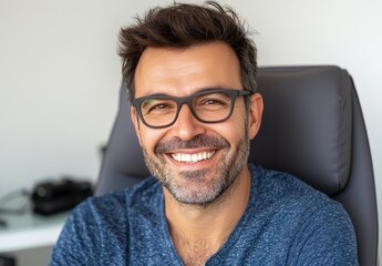 Obraz premium In front of a text box is a handsome young man sitting in an armchair at home.