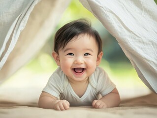 Fototapeta premium Happy baby crawling under a soft fabric, enjoying playful moments in a sunny environment.