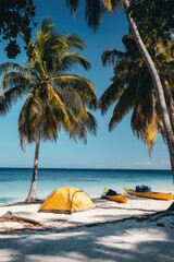 Kayak boat in tropical beach with tent coconut tree