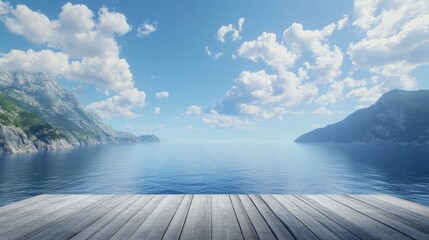 Standing on a wooden platform with the ocean stretching infinitely ahead, framed by coastline and mountains on the sides