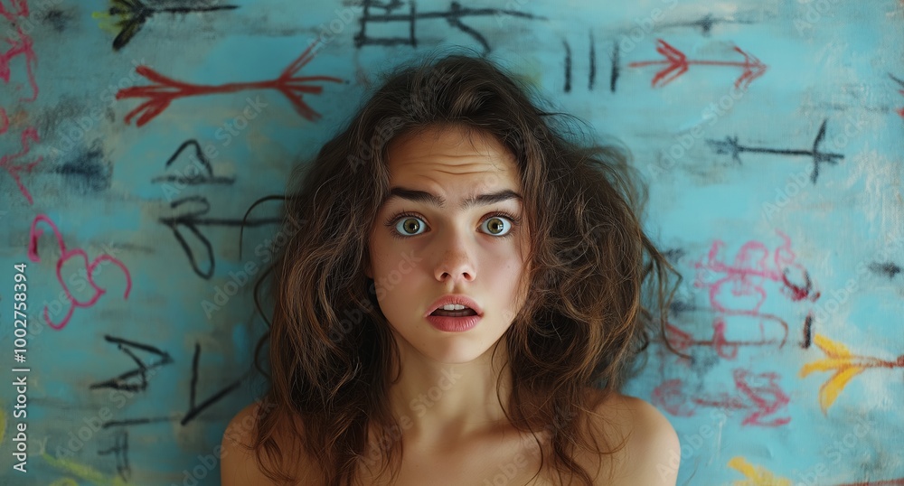 Wall mural Woman with brown hair and a surprised expression. She is standing in front of a wall with graffiti on it. Woman in shock with arrows around her head, looking at camera against a light blue background