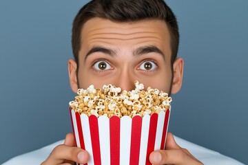 Man is holding a red and white popcorn bucket. He is looking at the camera. young man pouring chex mix from a packet into his mouth,