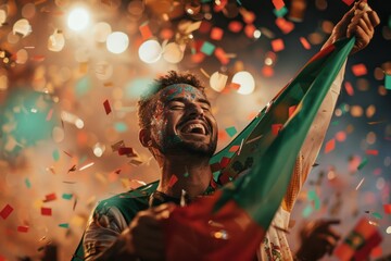 Confetti falls around man wearing Portugal flag shirt, face paint, cheering, holding his flag high in air amidst vibrant atmosphere. He surrounded by movement, energy, possibly at party or event.