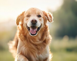 Happy golden retriever running outdoors in a sunny environment.