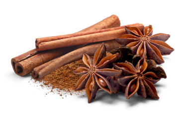 Cinnamon sticks and powder with star anise (Badiam) png