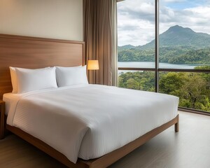 Modern hotel room with a stunning mountain view and natural light, perfect for relaxation and comfort.