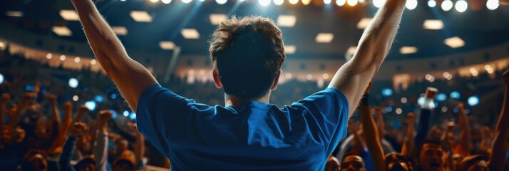 A person stands in the center of a stadium, arms raised high, surrounded by a crowd wearing blue shirts, cheering and celebrating during a sports event, possibly a basketball game.