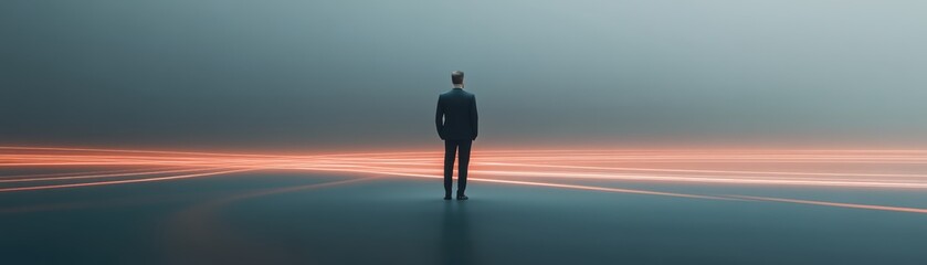 Obraz premium Business leader at the center of a network of glowing lines, symbolizing leadership and connectivity in the modern business world