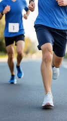 Runners in competition on a road, focused on athletic performance.