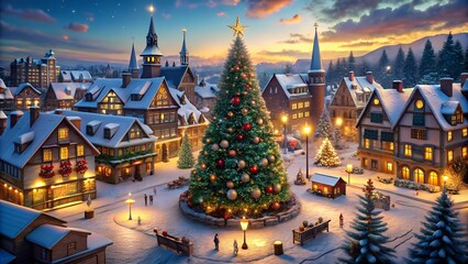 Fototapeta premium Enchanting Christmas Village Scene: Snowy Town Square with Giant Decorated Tree, Cozy Homes, and Twinkling Lights Under Starry Sky - Perfect for Holiday Cards and Winter Wonderland Decor