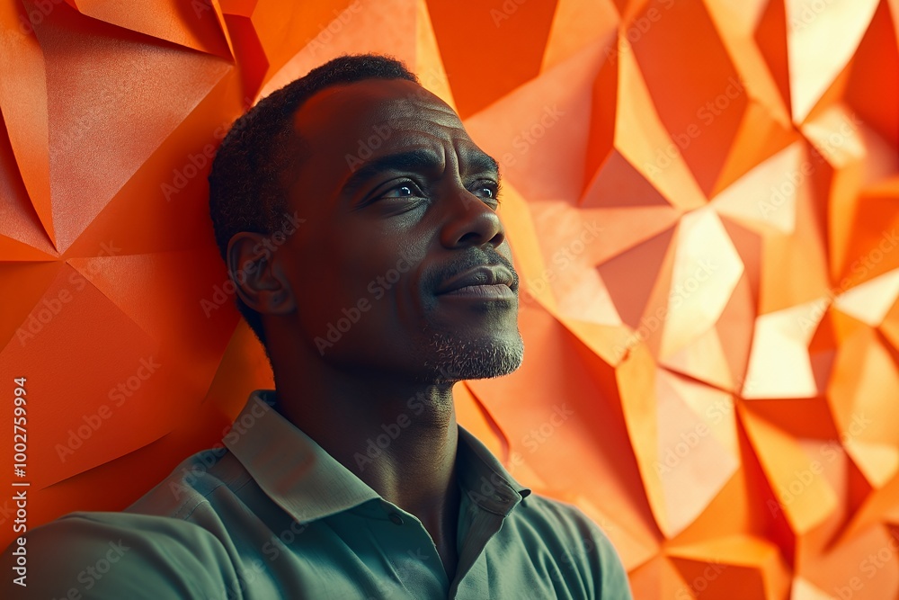 Poster Portrait of a man with short hair looking up, standing in front of an orange geometric background.