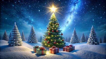 Enchanted Christmas Scene with Milky Way | Decorated Tree with Glowing Star and Presents in Snowy Winter Forest | Magical Holiday Night