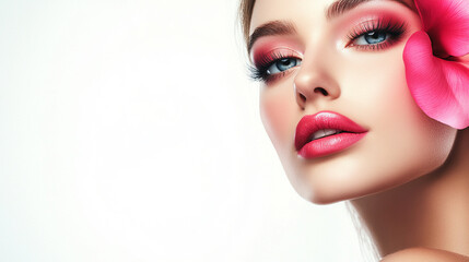 Beautiful young woman with flowers and petals on her face. Beauty parlor horizontal banner concept, copyspace