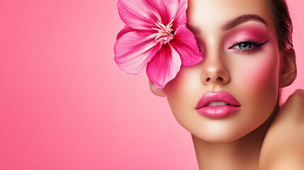 Fototapeta premium Beautiful young woman with flowers and petals on her face. Beauty parlor horizontal banner concept, copyspace