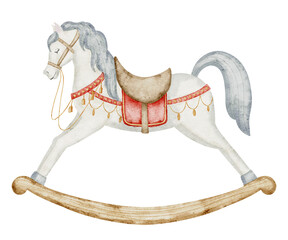 Watercolor Rocking Horse Illustration. Drawing of classic retro Baby Toy on isolated background for greeting cards or invitations. Vintage pony with Saddle and Reins for Nursery design. © Alisles