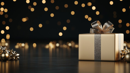 Festive Gift Box with a golden bow and black ribbo, backdrop of twinkling lights
