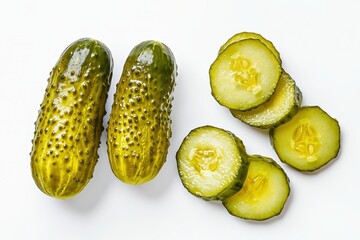 Whole and sliced pickled cucumbers isolated on a white background, showing fresh texture and vibrant color.