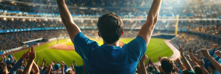 Vibrant baseball stadium filled with cheering fans. Man in blue t-shirt raises arms in celebration on a sunny day, surrounded by rich green field and clear blue sky.