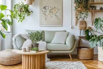 A stylish Scandinavian living room with design mint sofa, furniture, mockup map poster, plants and elegant personal accessories. Modern home decor. Open space with dining area. Ready to use template.
