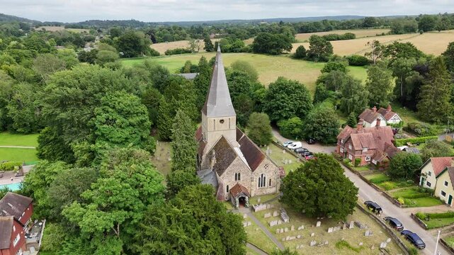 St James's Church Shere Village Surre UK drone,aerial