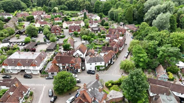 Shere Surrey UK quaint English Village aerial drone 4K footage