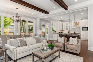 View of dining room from kitchen and living room in beautiful new luxury home. Open concept design.
