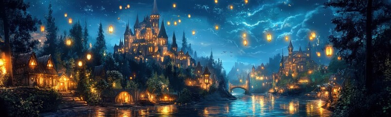 Fototapeta premium Fantasy Medieval City with Glowing Cobblestone Streets, Towering Castles Illuminated by Magic, and Floating Lanterns Lighting Up the Night Sky. Fantasy Scenery