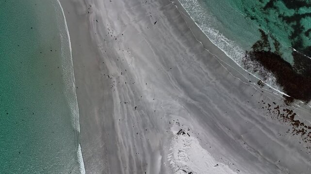 Closeup shot of white sand and black sand on a sandbar at beach, aerial top down
